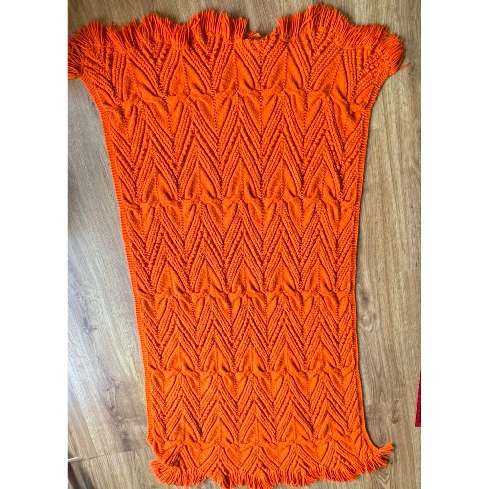 Vintage Handmade Orange Knit Throw Blanket Chevron Heart Cable Fringe Boho 76x35